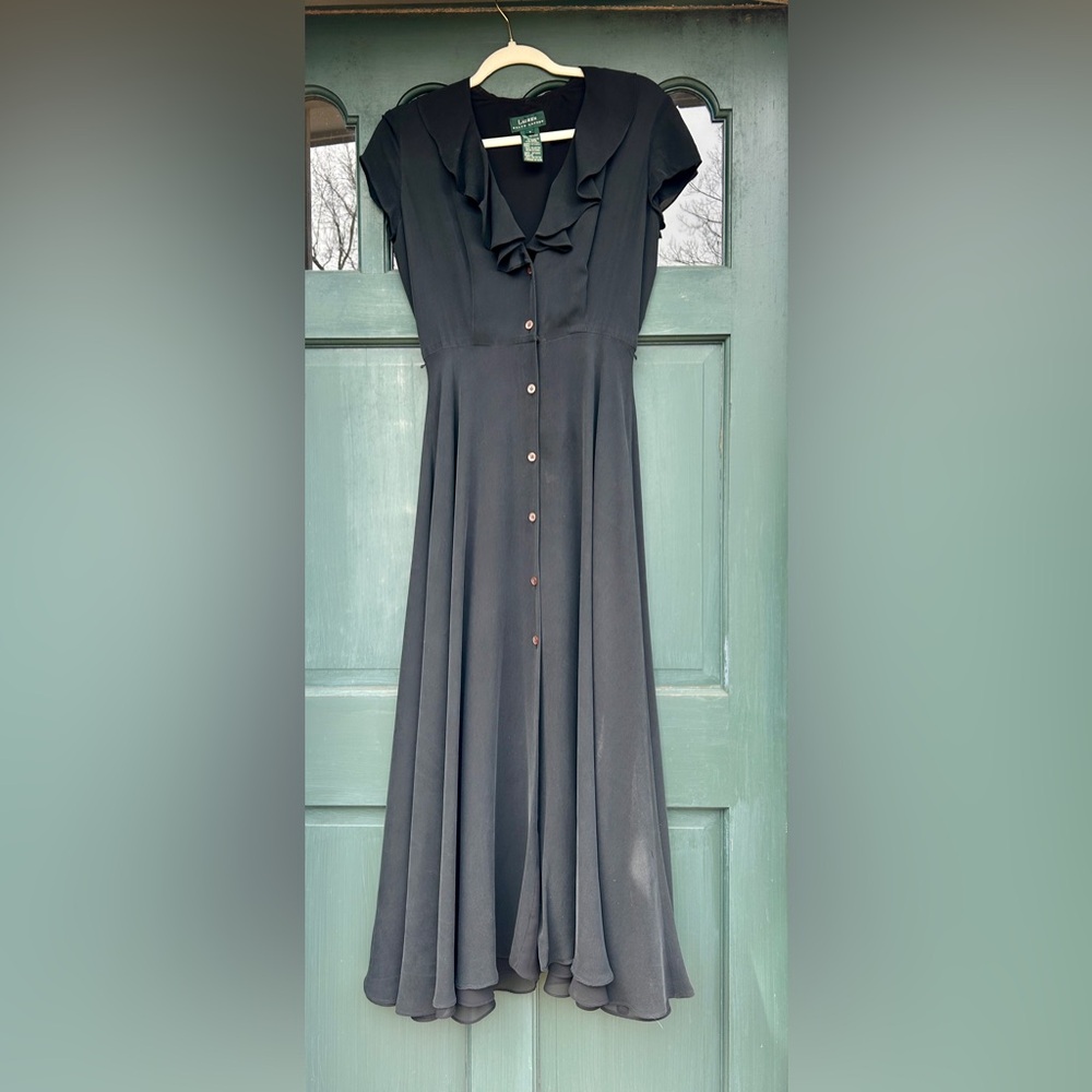 Ralph Lauren Silk Black Button-Front Midi Dress Formal Gown Prom Wedding Guest